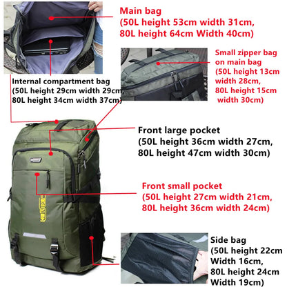 80L 50L Men's Outdoor Backpack Climbing Travel Rucksack Sports Camping Hiking Backpack School Bag Pack For Male Female Women