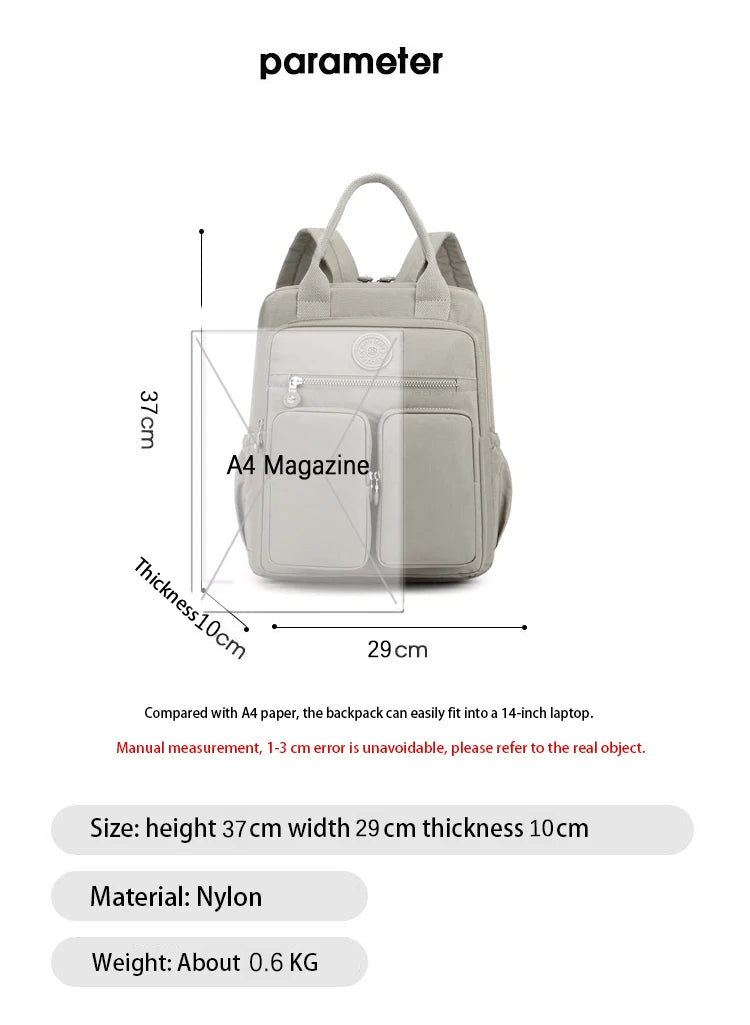 Fashion Woman Backpack Waterproof Nylon Soft Handle Solid Multi-pocket Travel Zipper Feminina School Bags Laptop Backpack