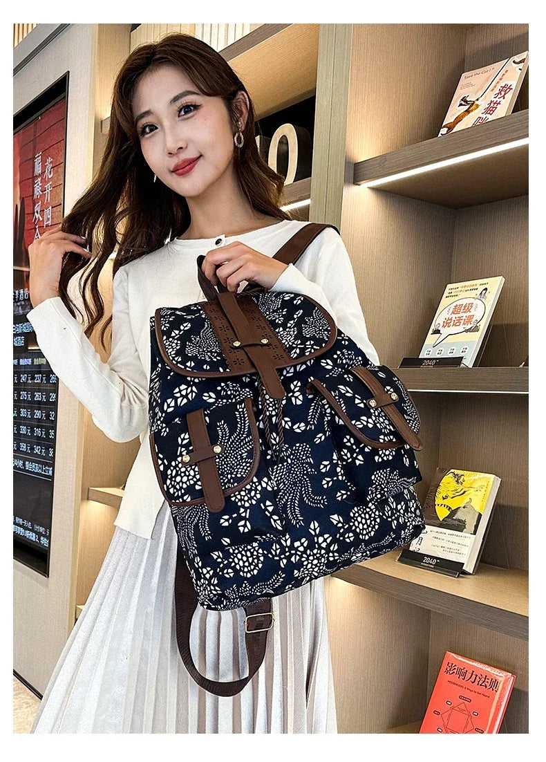 New Selling Flower Oxford Women's Backpack 2024 High Quality Lightweight Drawstring Waterproof Large Capacity Youth Backpack