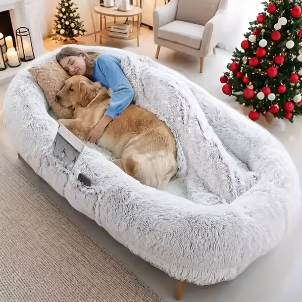 Luxury Grey HumanSized Plush Dog Bed with Memory Foam Washable Faux Fur Orthopedic Design Suitable for All Dog Sizes Including Full Pillow and Pad  Perfect for Naps and Cuddling Modern Pet Bed Deluxe Dog Comfort Large Dog Bed