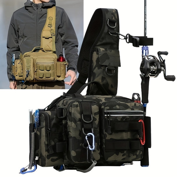 Outdoor MultiFunctional Fishing Backpack Nylon Fishing Tackle Box Single Shoulder Chest Crossbody Tactical Bags with Adjustable Strap Suitable for Fishing Hiking Camping  Camouflage with LaceUp Detail B