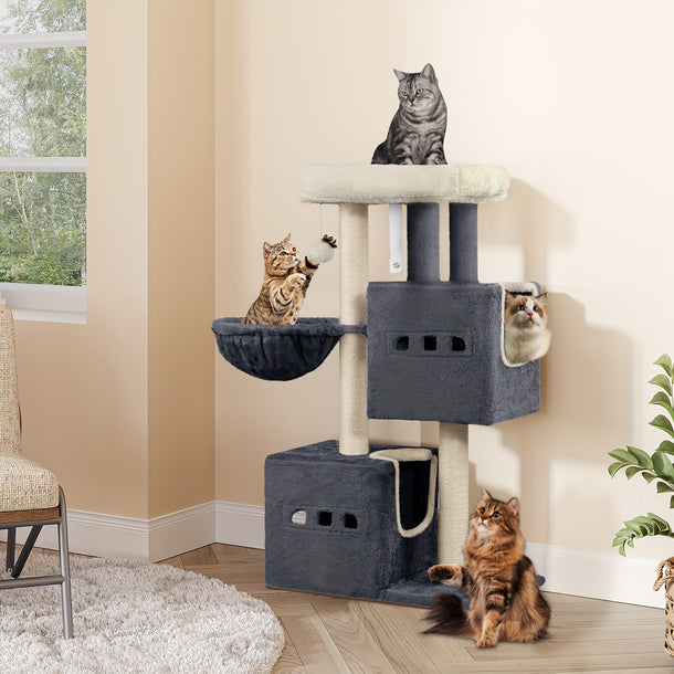 98cm Multistorey Cat Tree Hzuaneri 98cm Multistorey Scratching Post Cat Tree  Small Scratching Post with Perch 2 Caves Sisal Cat Scratching Post Hammock Cave Dark Grey Light Grey